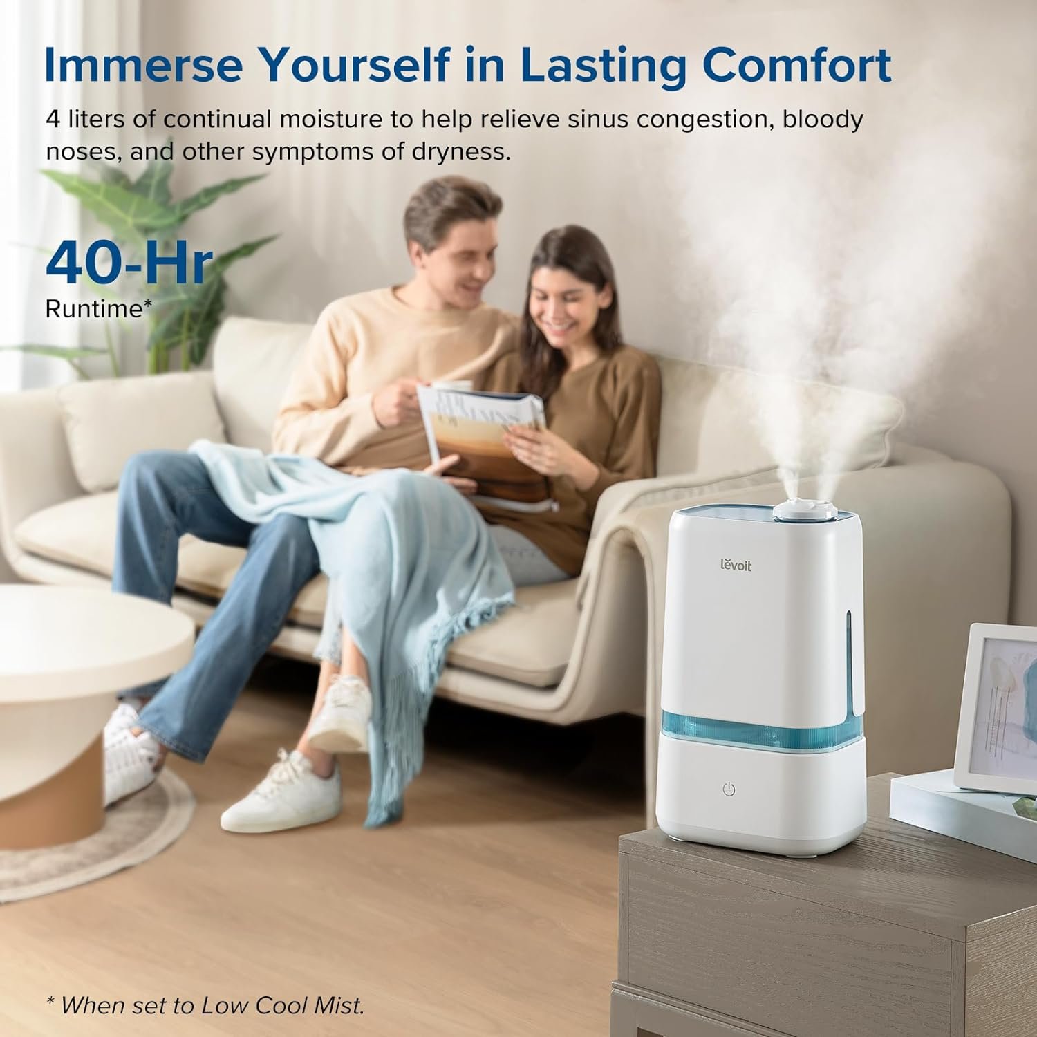 LEVOIT 4L Humidifiers for Bedroom Large Room Essential Oil Diffuser, Quiet Cool Mist for Home, Baby and Plants, Last up to 40Hours, Dual 360° Rotation Nozzles, Handle Design, Auto Shut Off, Blue