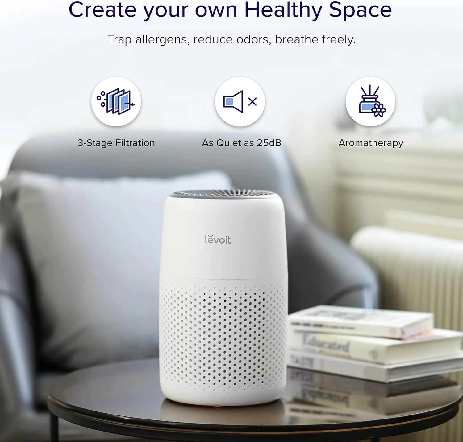 LEVOIT Air Purifiers for Bedroom Home, 3-in-1 Filter Cleaner with Fragrance Sponge for Better Sleep, Filters Smoke, Allergies, Pet Dander, Odor, Dust, Office, Desktop, Portable, Core Mini, White